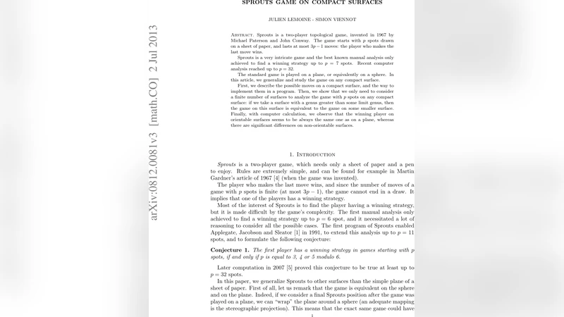 다양한 컴팩트 표면 위의 스프라우츠 게임