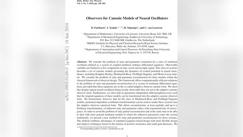 신경 진동기 적응 관측기 설계와 파라미터 복원