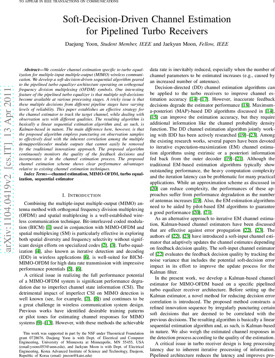 파이프라인 터보 수신기를 위한 소프트‑결정 기반 채널 추정 기법