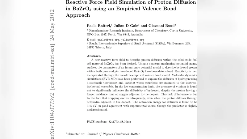 바륨지르코네이트에서 프로톤 확산을 위한 반응성 힘장 모델