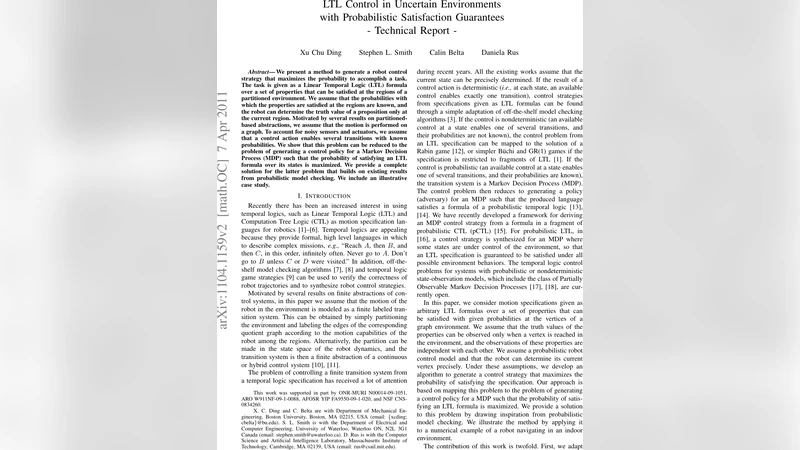 불확실한 환경에서 LTL 기반 로봇 제어와 확률적 만족 보장