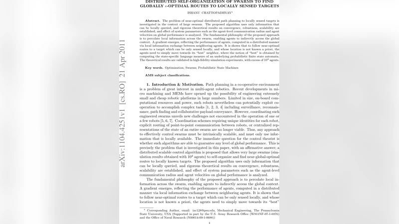 대규모 스웜을 위한 분산 자기조직화와 ε‑최적 경로 탐색