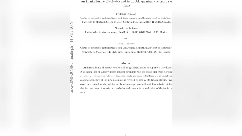 평면 위 무한 가계열의 정확해와 적분가능 양자 시스템