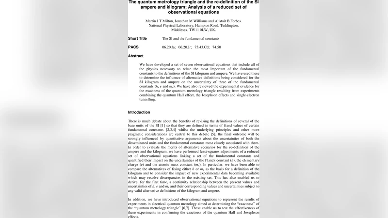 양자 측정 삼각형과 SI 암페어 킬로그램 재정의 관측 방정식 축소 분석