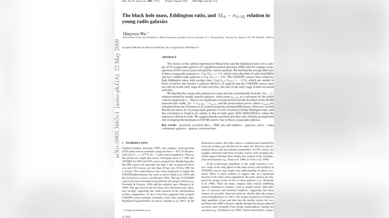 젊은 라디오 은하의 블랙홀 질량과 에디션 비율 및 M bh σ O III 관계