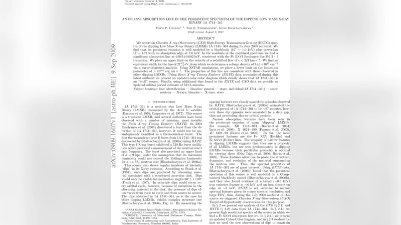 1A 1744 361 저질량 X선 이중성의 지속 스펙트럼에서 발견된 Fe XXVI 흡수선