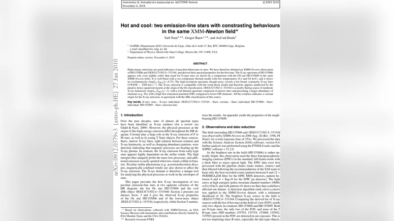 뜨거운 별과 차가운 별 같은 XMM Newton 시야의 두 방출선성 별