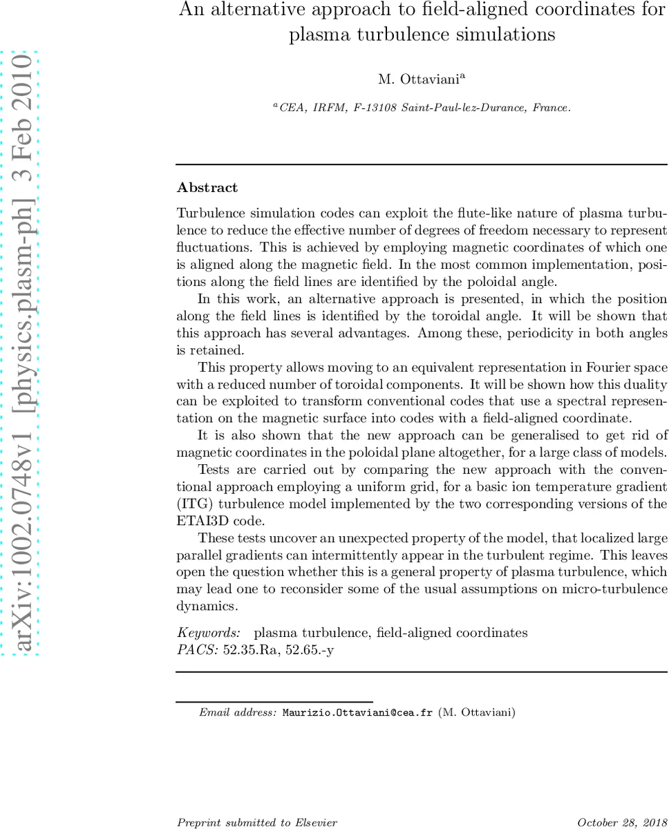 플라즈마 난류 시뮬레이션을 위한 토로이달 각 기반 필드 정렬 좌표법