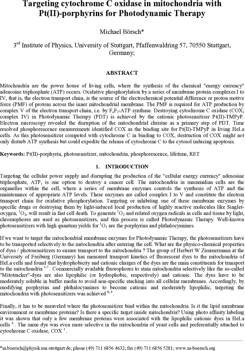 미토콘드리아 사이토크롬 c 산화효소를 표적으로 하는 Pt(II)‑포르피린 광역학 치료