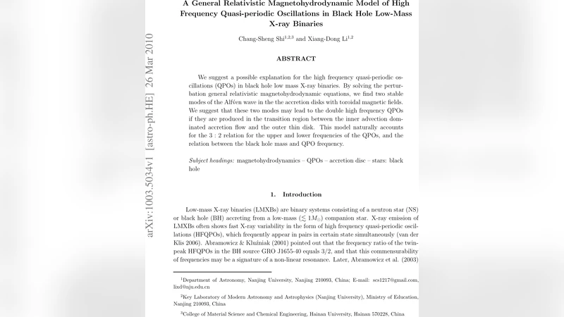 블랙홀 저질량 X선 이진계의 고주파 퀘이사 진동을 설명하는 GRMHD 알레븐 파동 모델