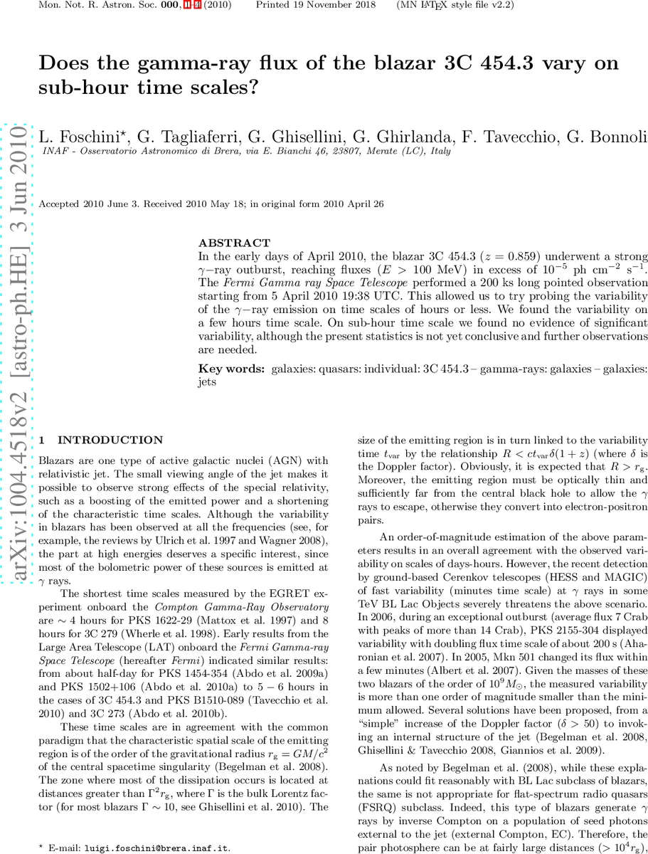 3C 454.3 블레이저 감마선 플럭스의 한시간 이하 변동 여부
