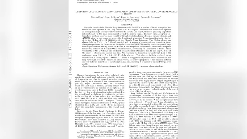 H2356 309 블라크 라크 객체에서 발견된 일시적 X선 흡수선