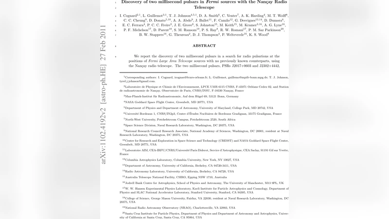 Fermi 미확인 γ선원에서 발견된 두 밀리초 펄서의 라디오 탐색 성공