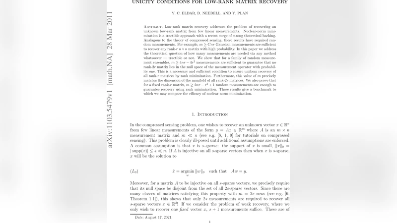 저차원 행렬 복원을 위한 유일성 조건
