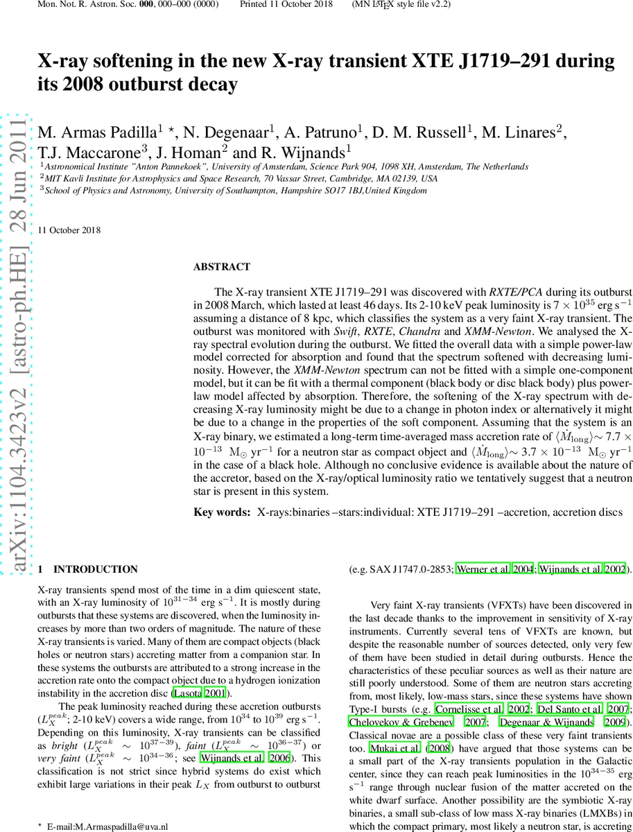 XTE J1719‑291의 2008년 폭발 감쇠기에서 관측된 X선 스펙트럼 연화 현상