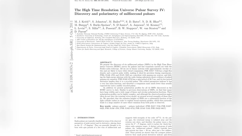HTRU 서베이, 새로운 밀리초 펄서 6종 발견과 전파 편광 특성 전면 분석