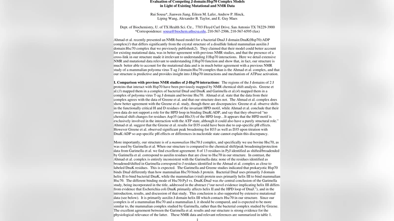 J 도메인과 Hsp70 복합체 모델 비교 돌연변이와 NMR 데이터로 보는 진실