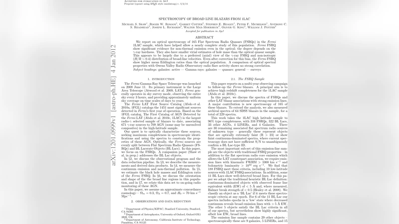 Fermi 1LAC 블라저의 광학 스펙트로스코피: 비열적 방출과 블랙홀 질량 편향