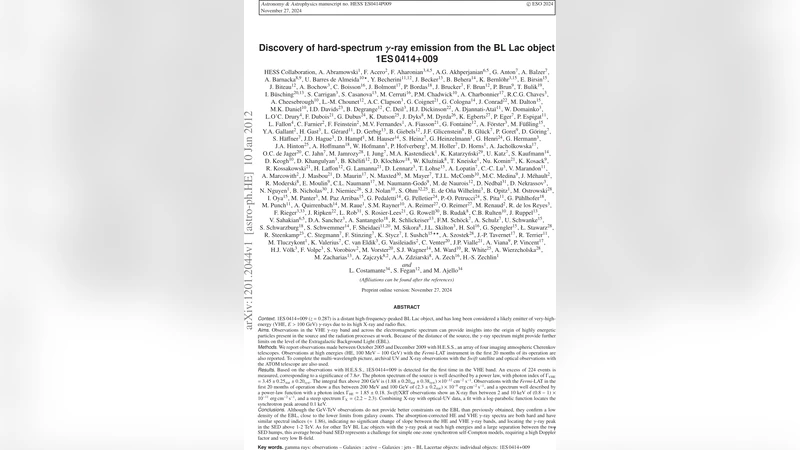 하드 스펙트럼 감마선 방출을 보인 블라크홀 1ES 0414 009 발견