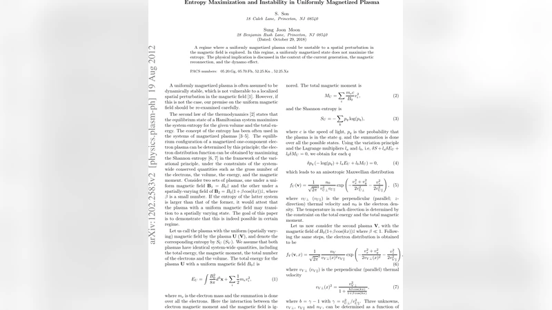 균일 자기장 플라즈마의 엔트로피 최대화와 불안정성