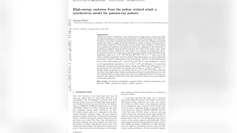 스트라이프 풍에서의 고에너지 방출: 감마선 펄서의 싱크로트론 모델