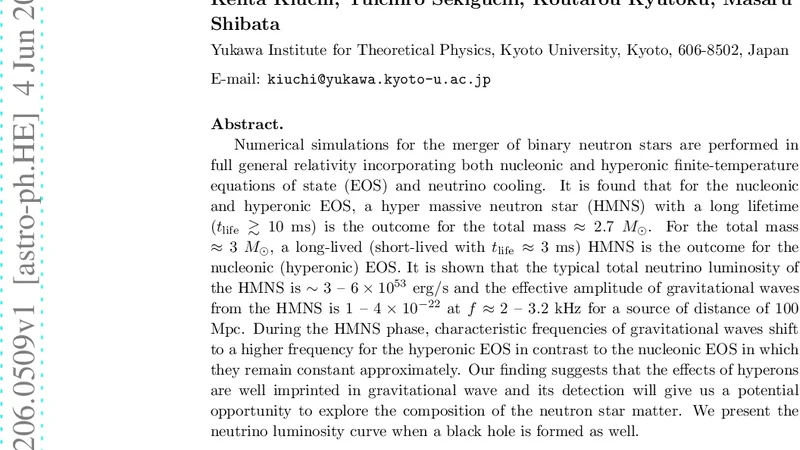 중성자별 병합에서 초중성자별, 중성미자 방출 및 하이퍼온 효과