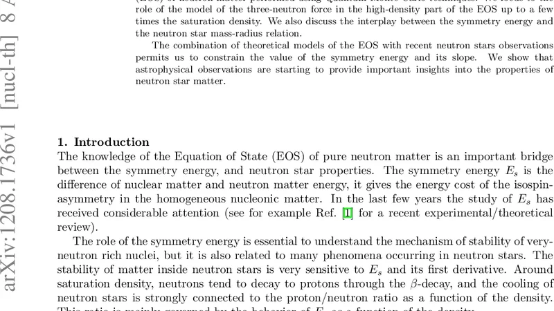 중성자 별 물질의 상태 방정식과 대칭 에너지