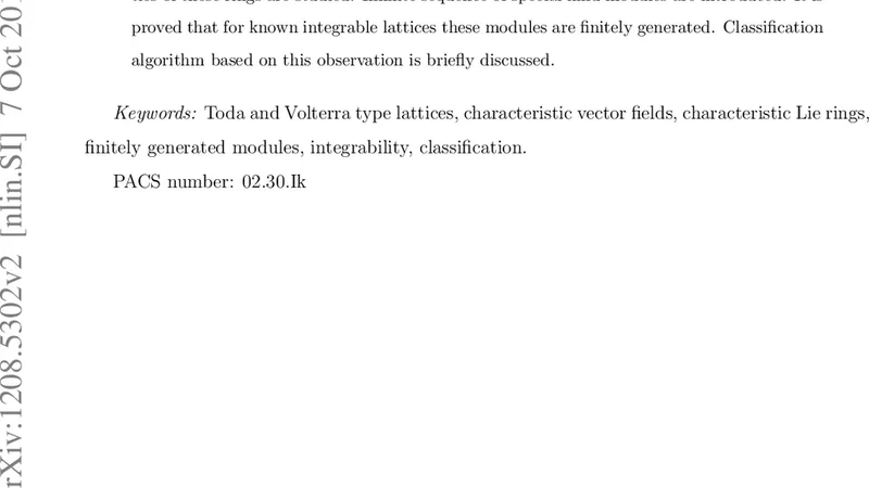 2와 1 차원 격자에 대한 특성 리 대수와 유한 생성 모듈 및 적분 가능성 조건
