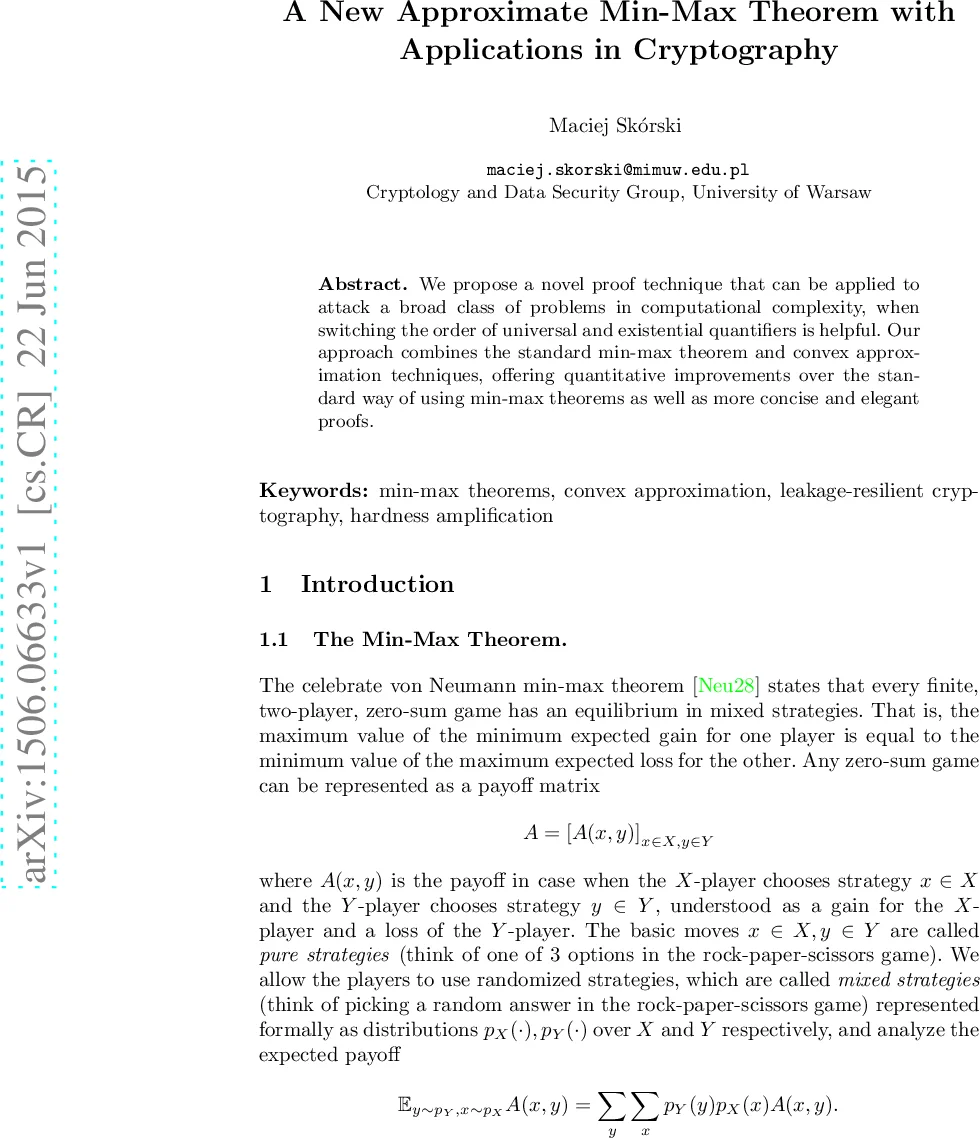 새로운 근사 최소 최대 정리와 암호학 응용