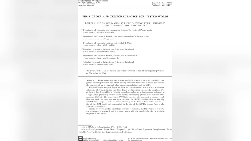 중첩 단어를 위한 일차 논리와 시간 논리의 완전성