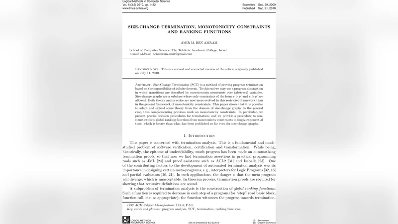 크기 변화 종료와 단조성 제약 및 순위 함수