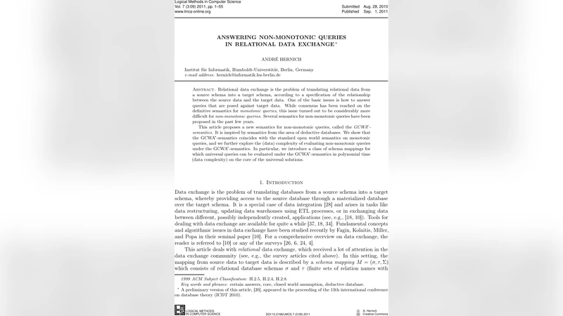 관계형 데이터 교환에서 비단조 질의 답변을 위한 GCWA 의미론