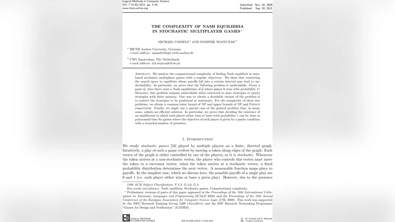 스톡캐스틱 다인용 게임에서 내쉬 균형의 복잡성