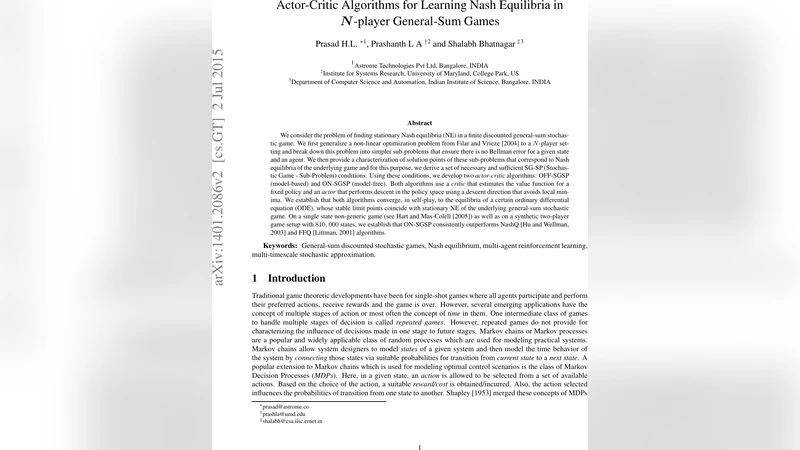 다중 에이전트 일반합 스토캐스틱 게임을 위한 배우‑비평가 기반 내시 균형 학습