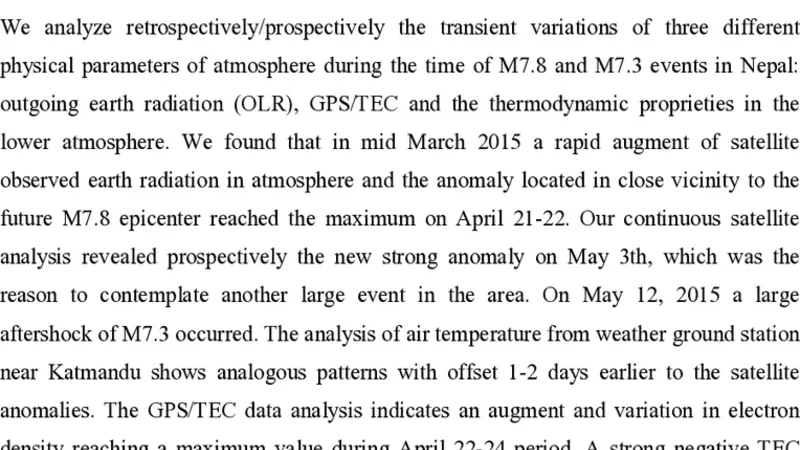 네팔 2015년 대지진 전조 현상: 대기·전리층 이상 탐지