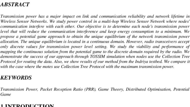 전력 제어를 위한 잠재 게임 기반 무선 센서 네트워크의 고유 나쉬 균형 근사