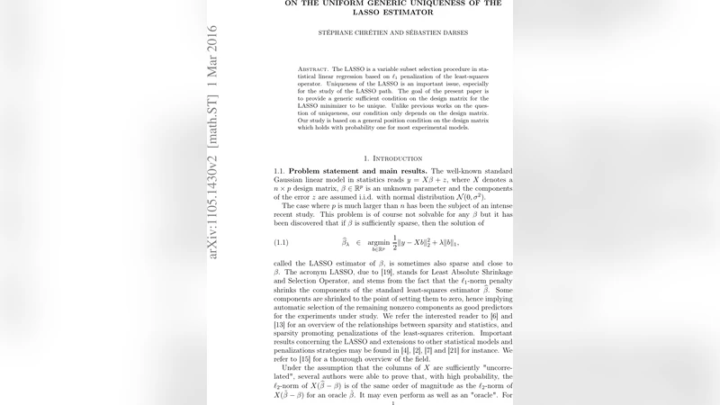 라쏘 추정량의 일반적 균일 유일성 조건