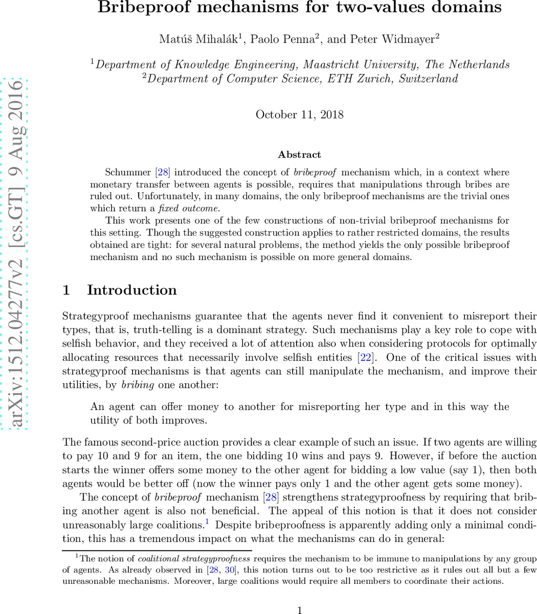 두 값 도메인에서 뇌물 방지 메커니즘 설계와 한계