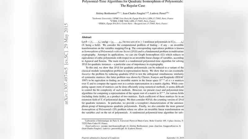 다항식 이소모피즘의 다항시간 해법: 정규형 이차 경우