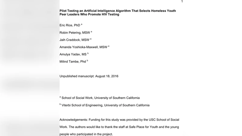 AI 기반 동료 리더 선정으로 홈리스 청년의 HIV 검사 촉진 파일럿 연구