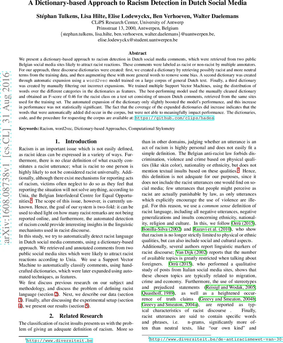 네덜란드 SNS에서 인종차별 감지를 위한 사전 기반 접근법