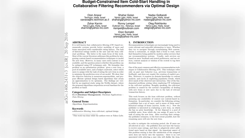 예산제한 하 아이템 콜드스타트 해결을 위한 최적 설계 기반 사용자 선택