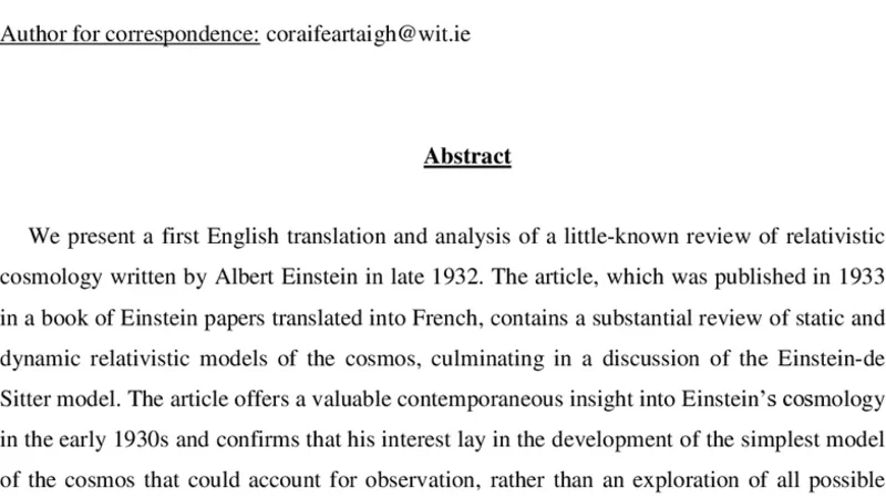 1933년 아인슈타인 우주론 리뷰 새로운 에너지 데 시터 모델 시각