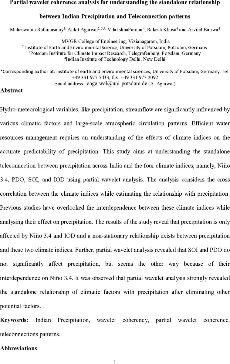 인도 강수와 기후 텔레연결 지표의 독립적 관계를 밝히는 부분 웨이브렛 일관성 분석