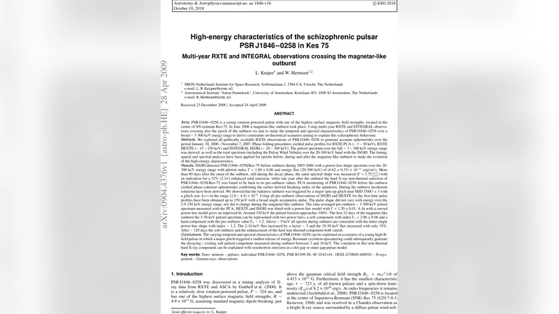 케스 75 중심 초신성 펄서 PSR J1846‑0258의 고에너지 변동과 마그네터 현상