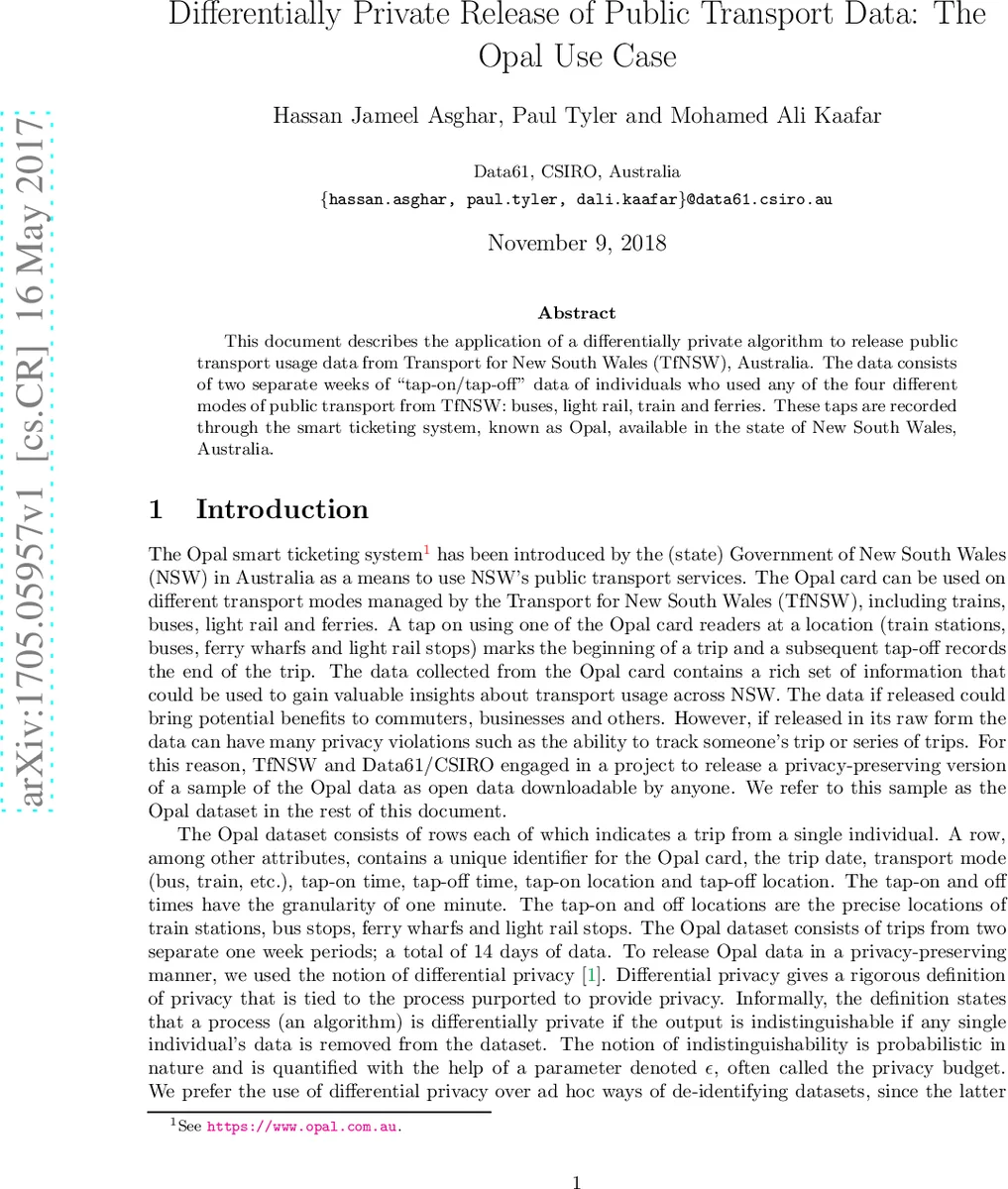 차별적 프라이버시로 보호된 오팔 대중교통 데이터 공개