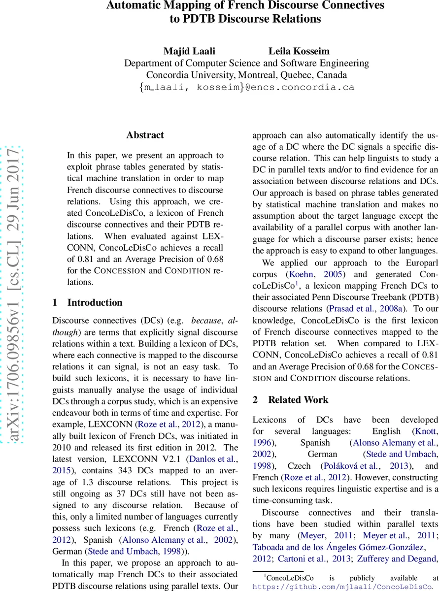 프랑스어 담화 연결어를 PDTB 담화 관계에 자동 매핑