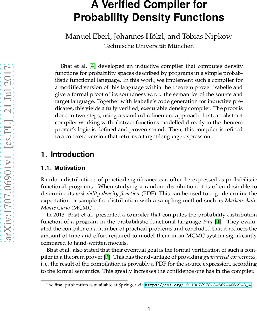 확인된 확률 밀도 함수 컴파일러 구현 및 검증
