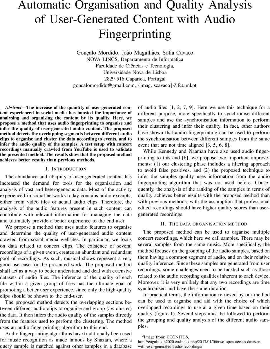 오디오 지문 인식을 통한 사용자 생성 콘텐츠의 자동 조직화 및 품질 분석
