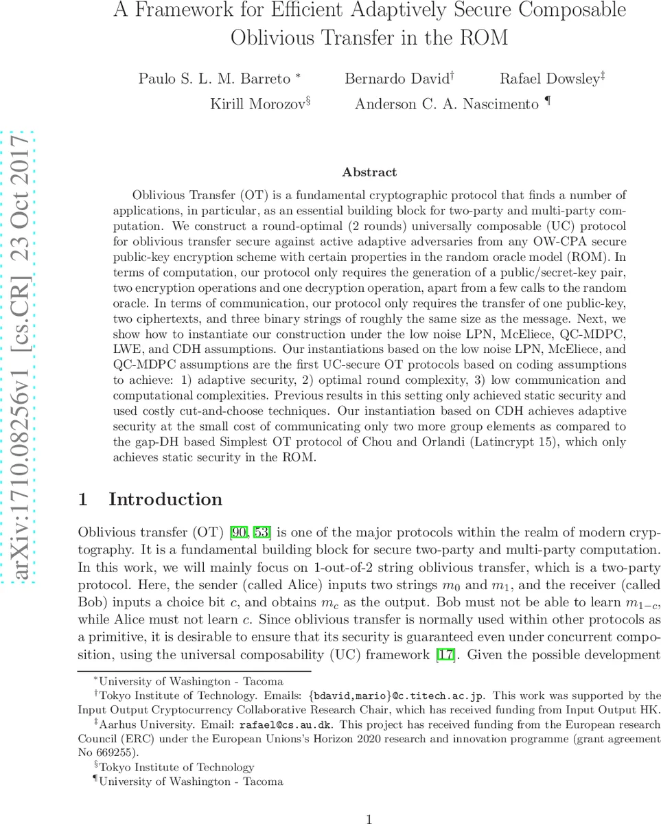 적응적 보안과 UC를 갖춘 2라운드 효율적 OT 프레임워크